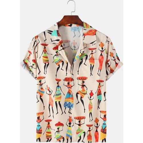 Mens Lapel Ethnic Print Shirt Summer Fashion Daily Vacation Retro Loose Short-sleeved Shirt Mens Clothing Shirt Tops