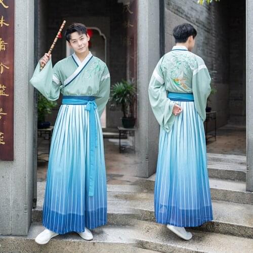 Men Embroidery Hanfu Classical Dance Costume Festival Outfit Rave Performance Clothes Oriental Folk Stage Costumes 2 Pcs DF1114