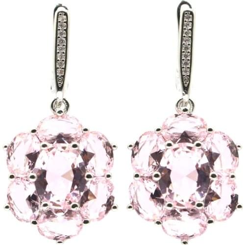38x17mm Beautiful Jewelry Set Created Pink Kunzite London Blue Topaz CZ For Womans Bride Wedding Silver Pendant Earrings