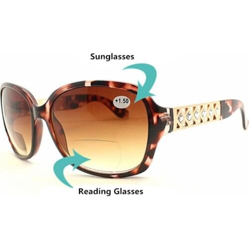 +1.0~3.5 Luxurious Diamond Bifocal Reading Shade Sun Glasses Female Far Near Presbyopia Gray Lens Sunglasses Diopter Ladies