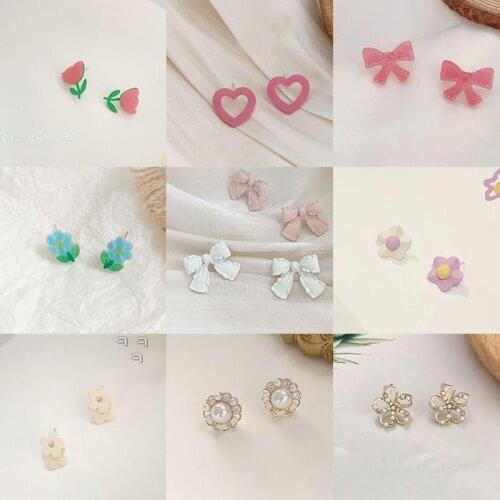 INS Refreshing Bow-knot Stud Earrings Pink Love Bow Flowers Cute Sweet Simple and Compact Exquisite Earrings Gift for Friends