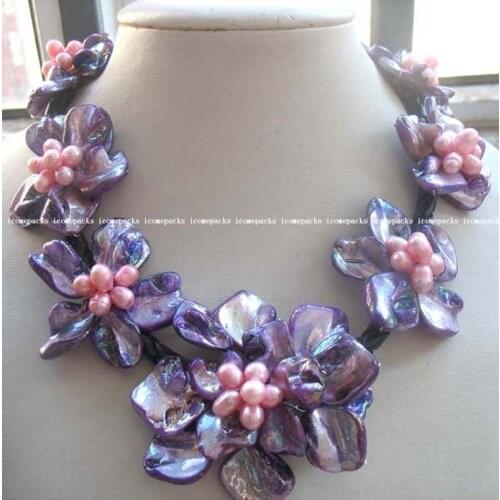 Wholesale beautiful purple freshwater pearl 40-60 mm sea shell flower 18.5" necklace