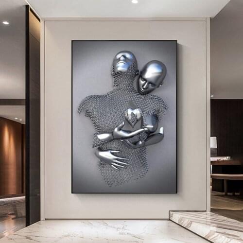 Romantic Metal Lovers Figure Statue Art Canvas Painting Couples Sculpture Posters and Prints Wall Art Picture Living Room Decor