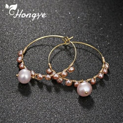 Hongye Natural Fresh Water Baroque Pearl Dangler Earring Big Circle 14k Gold Elegant Ear Jewelry Gifts Women Fine Jewelry