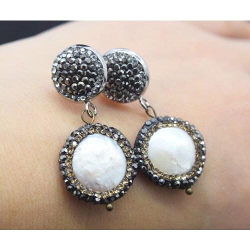 Freshwater pearl zircon coin 16-18mm hook earrings FPPJ wholesale beads nature