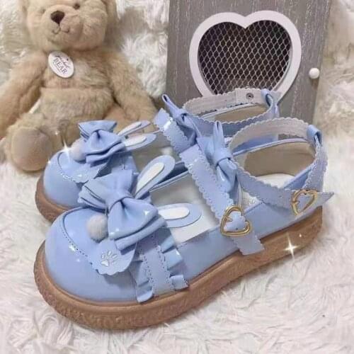 Gothic Fashion Lolita Shoes Rabbit Kawaii Style Round Head Flat Bottom Cute Student Jk Womens Shoe Female Cosplay Anime Buckle