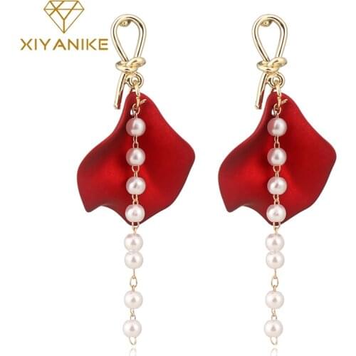 XIYANIKE 2019 New Sweet Exaggerate Red Big Acrylic Petal Tassel Statement Drop Earrings For Women Girls Wedding Ear Accessories