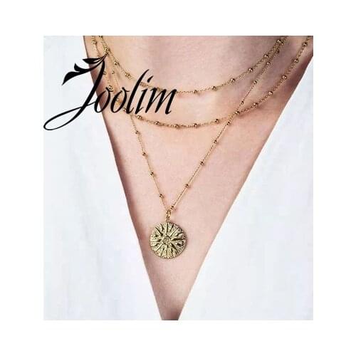 Joolim Jewelry PVD Gold Finish Multi-layered Fold Wear Round Pendant Necklace Stylish Stainless Steel Necklace