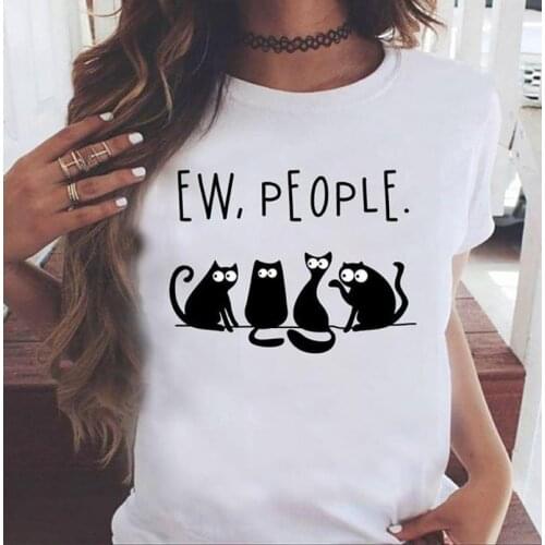Zbbrdd EW PEOPLE Women Short Sleeve O Neck Tshirt Drop Shipping S-3XL 90s Cotton Funny Cute Cat Letter Print Graphic For Ladies