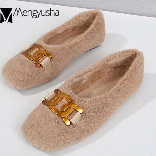 Metal Chain mink fur flats woman square toe fleeces loafers slip on cotton zapatillas ladies plush winter shoes 34-43 large size