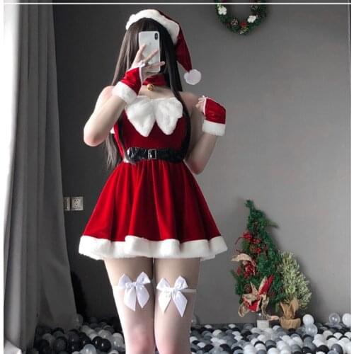 Women Santa Claus Waitress Cosplay Costume Sexy Lingerie Wrap Chest Bra Tops Skirt Hat Belt Christmas Xmas Party Maid Uniform