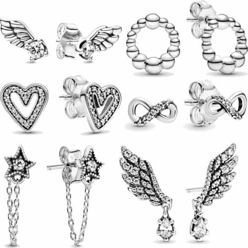 925 Sterling Silver Sparkling Angel Wings Freehand Heart Infinity Beaded Circle pan Earrings For Women Jewelry Gift