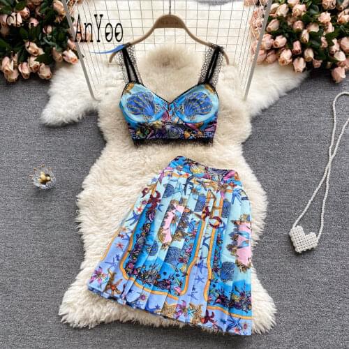 Two Piece Set Summer Suit For Women Printed Crop Top Sexy Suits With Pleated Skirt Plus Size 2XL Boho Holiday Beach Woman Outfit