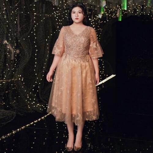 Sequins Embroidery A-Line Evening Dress V-Neck Elegant Tea-Length Pleat Short Sleeves Lace Up Plus Size Women Formal Gowns D1229