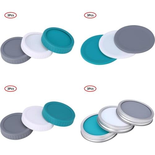 3Pc Plastic Storage Covers Leak Proof Silicone Mason Jar Caps Wide Mouth Canning Container Lids Food Drinks Organizer Jars Cover