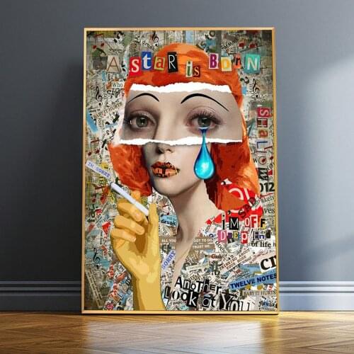 Abstract Newspaper Collage Modern Smoking Girl Canvas Art Wall Picture On Poster And Prints Fashion Painting For Room Decoration