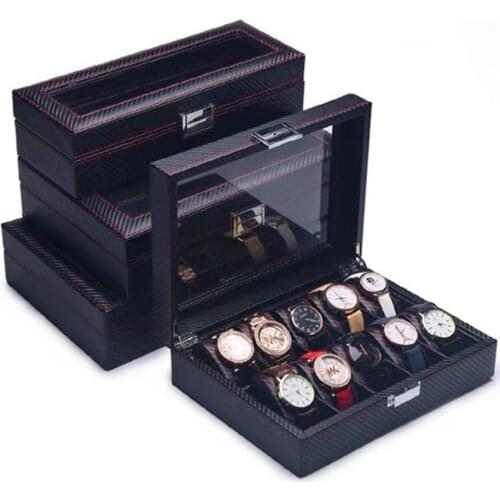Carbon Fiber Watch Box With Glass Fashion Black PU Leather Watch Storage Boxes New Watch And Jewelry Gift Display Case Holder