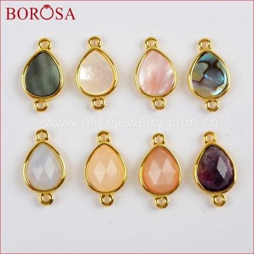 BOROSA 10PCS Drop Natural Multi-kind Faceted Stones Connectors Drusy Crystal Shell Double Charms for Necklace/Bracelet WX989