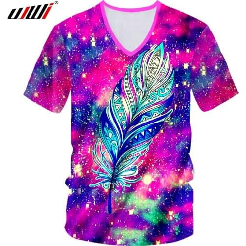 UJWI 2019 Summer Mens 3d Print Feather T-shirt Starry Star Casual T Shirts Hombre Hip Hop Streetwear V Neck Tshirts Undershirts