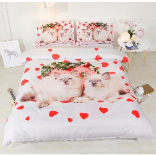 Royal Linen Source Brand 3 PCS Per Set Pretty Blue Eyes Cats and Red Love Hearts 3d Bed Linen Bed Cover Set