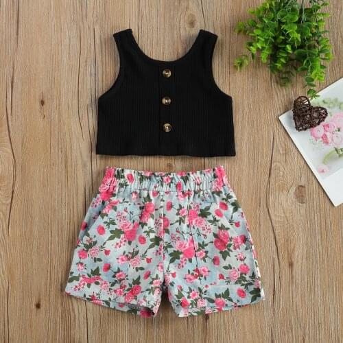 Summer Casual Girls Clothes Sets Toddler Kids Sleeveless Button Front Rib Knit Tank Tops+Floral Shorts 2pcs Outfits for 1-6Years