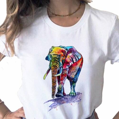 Fashion art Color Elephant T-shirts print ladies Top casual basics O-collar white shirt short sleeve ladies T-shirt,Drop Ship