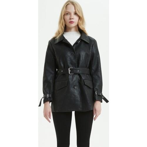 New Leather Jacket Women long section single breasted Korean version of the loose Biker Jacket lapel aviator jacket Black Coat