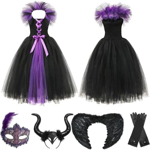 Girls Dress Halloween Maleficent Costumes For Kids Girls Evil Queen Tutu Dress Black Devil Horn Wing Sleep Beauty Dress for Girl