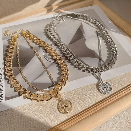 Hip Hop Double Layer Retro Portrait Coin Head Short Clavicle Chain Metal Thick Chain Necklace For Women Choker Party Jewelry