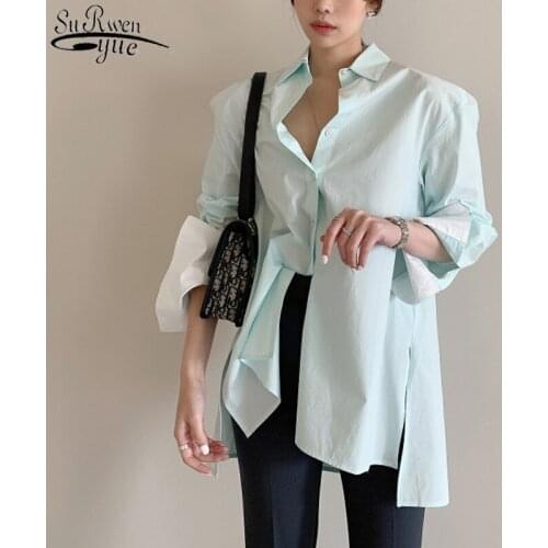 2021 Fashion Women Blouses Summer Korean Fashion Solid Casual Loose Split Blouse OL Style Long Sleeve Turn-down Collar Top 10294