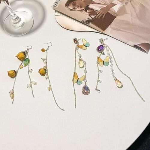 Origin Summer Trendy Butterfly Waterdrop Dangle Earring for Women Girls Flower Faux Pearl Long Tassel Metal Earring Jewelry