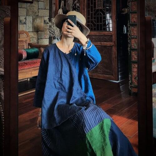 Johnature Women Vintage Linen Shirts Patchwork Color Blouses 2020 Summer Nine Sleeve V-Neck Chinese Style Loose Shirts And Tops