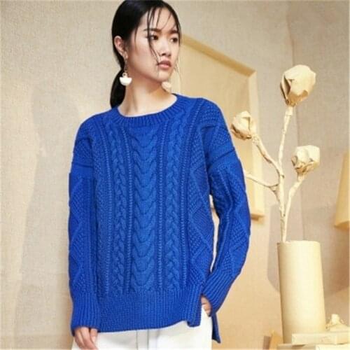 100% hand made pure wool Oneck knit women fashion open hem solid loose twisted pullover sweater white 5color customized