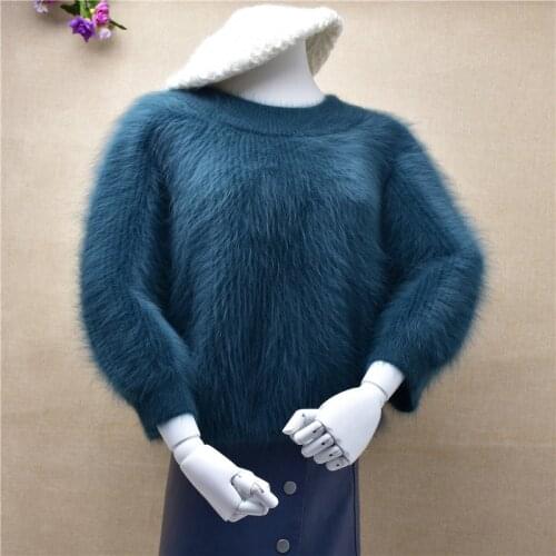 New women fashion long sleeve o neck Angora rabbit hair warm mink knitted loose pullover autumn winter sweater