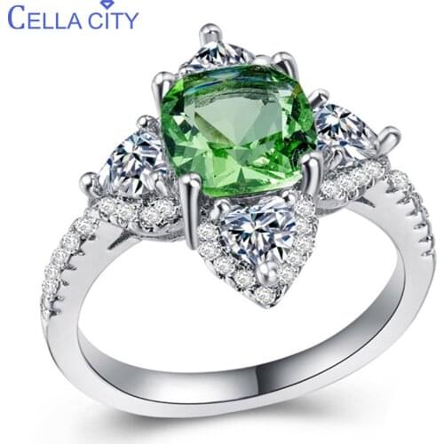Cellacity Gemstones Ring for Women Silver 925 Jewelry Green Zircon Clover Creative Dating Gift Korean Style Female Rings Party