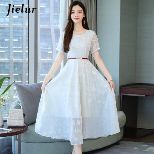 Jielur Chiffon Summer Dress Short Sleeve Floral Dress Women 2021 Vestidos Verano S-4XL O-neck With Sashes Femme White Dresses