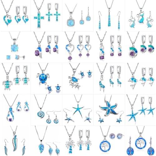 36 Styles Trendy Geometric Shape Jewelry Set For Women Imitation Blue Fire Opal White Crystal Pendant Necklace Earrings Jewelry
