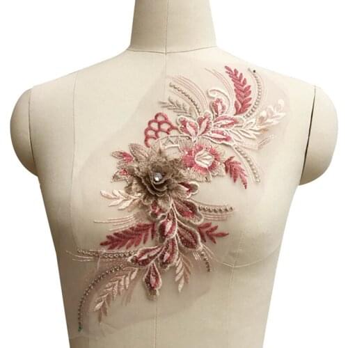 3D Flower Embroidery Bridal Lace Applique Pearl Beaded Tulle DIY Wedding Dress