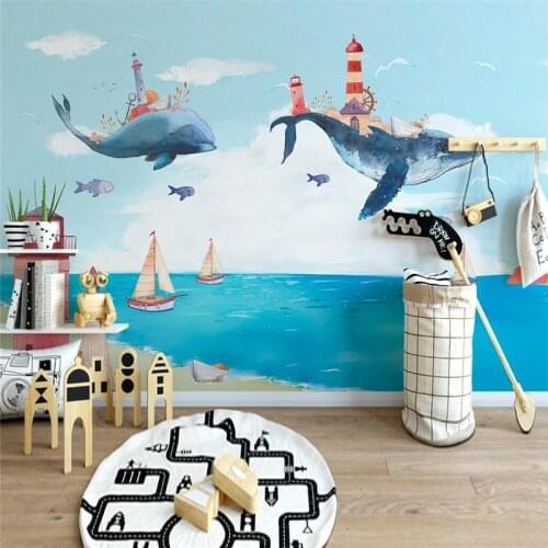 Beibehang custom Nordic creative watercolor Mediterranean ocean whale wall paper childrens room background bedroom wallpaper 3D
