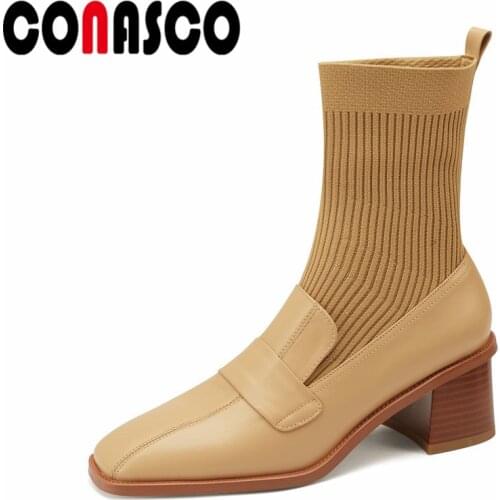 CONASCO Elegant Women Ankle Boots Autumn Winter Warm Cow Leather Basic Prom Office Shoes Concise Vintage Boots Woman
