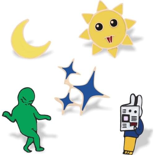 Kpop Sun Moon Star Brooches Enamel Pins Green Man Reader Rabbit Creative Badges Bag Clothes Lapel Pin Cartoon Jewelry Kids Gifts