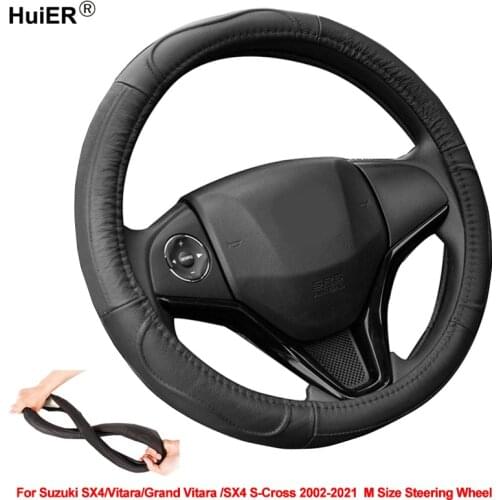 Cow Leather Car Steering Wheel Cover Wrap For Suzuki SX4 Vitara Grand Vitara SX4 S-Cross 2002 - 2020 2021 M Size Steering Wheel
