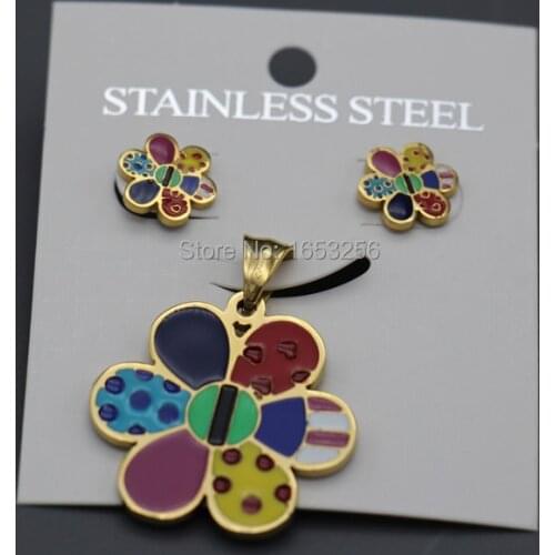 For Wife . Mother Gifts Pure Stainless Steel Multi-Color Sunflower design Necklace Pendant & Earring Jewelry Set