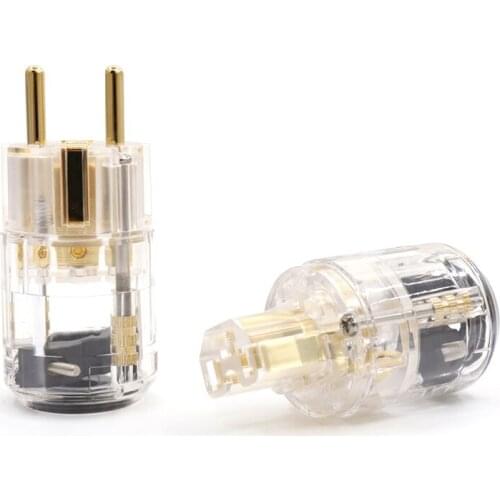 HIFI Transparent Gold Plated EUR Schuko Power Extension Plug IEC Female Connector 1pair Male&Female Plug