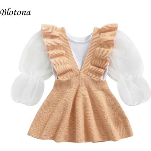 Blotona Little Girls Skirt Two Pieces Suit Fashion Solid Color Mesh Puff Long Sleeve Tops and Knitted Suspender Skirt, 1-7Years