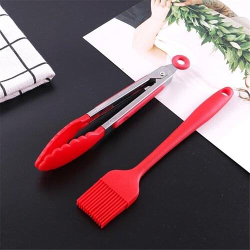 2pcs/Set Kitchen Tong & Oil Brush Cookware Utensils Food Grade Silicone Grilling Tong Clamp Accessories Salad Serving BBQ Tool