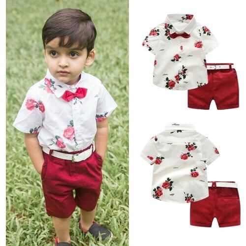 Summer Toddler Boys Gentleman Clothes Sets Fashion Tie T-shirt Tops+Short Pants 2Pcs Infant Kids Party Wedding Outfit Suits