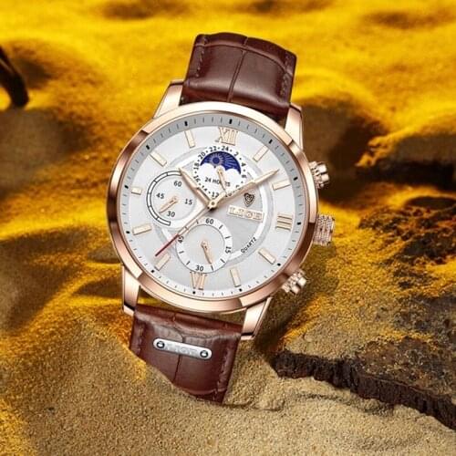 LIGE New Brown Leather Watches Mens Top Brand Luxury 24Hour Moon Phase Men Watch Sport Chronograph Waterproof Date Quartz Clock