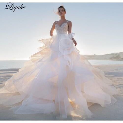 Liyuke Lustrous Organza Tulle Skirt With Beading A-Line Wedding Dresses Court Train Luxury Wedding Gown