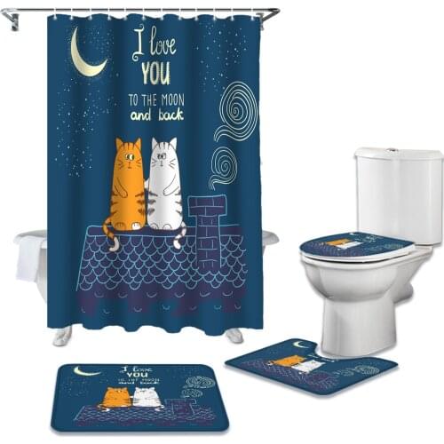 Night Roof Cartoon Cat Shower Curtain Sets Non-Slip Rugs Toilet Lid Cover and Bath Mat Waterproof Bathroom Curtains